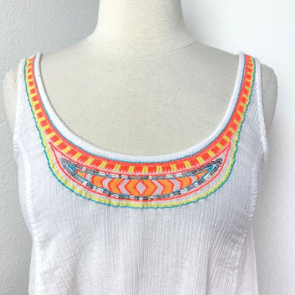 Decree White Cotton Tank Top Small Crop Cami Sequins Embroidered Festival Boho - Picture 2 of 9